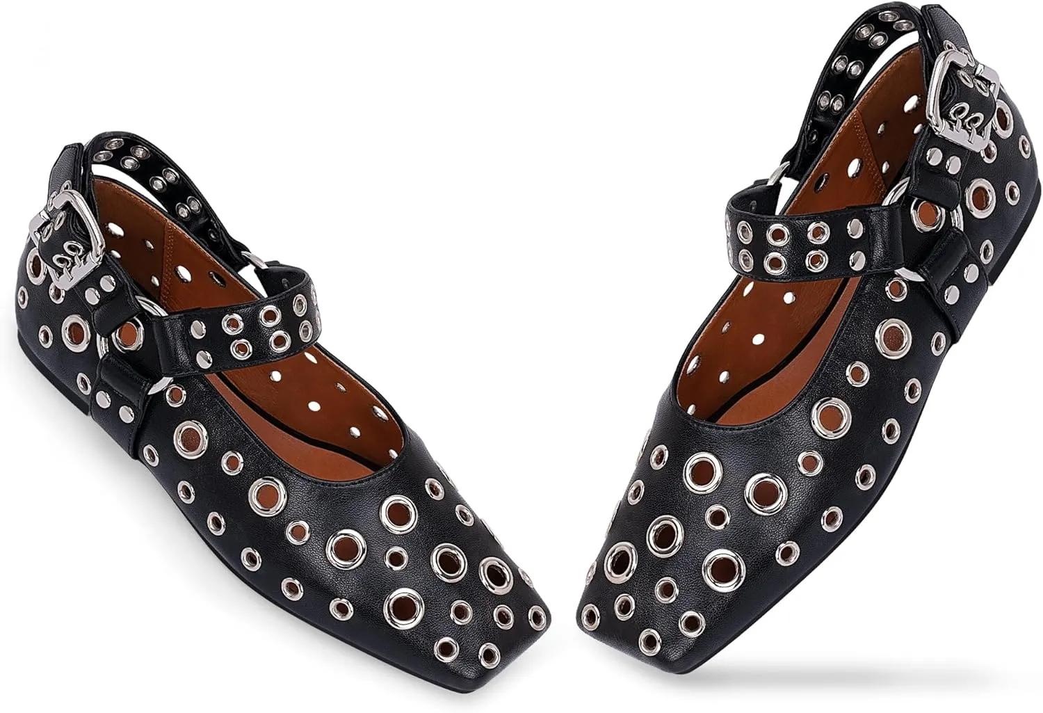 100FIXEO Women's Buckle Ballet Flats Punk Square Toe Studded Grommet Mary Jane Shoes