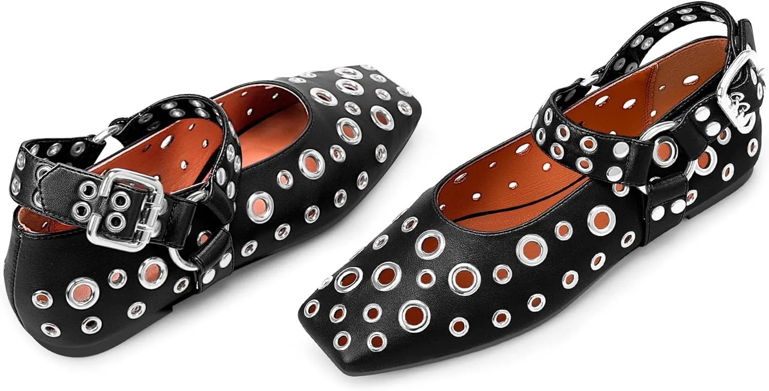 100FIXEO Women's Buckle Ballet Flats Punk Square Toe Studded Grommet Mary Jane Shoes