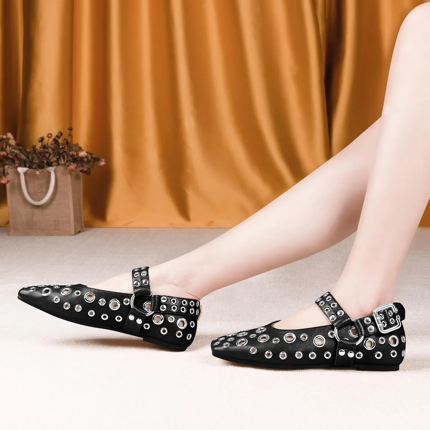 100FIXEO Women's Buckle Ballet Flats Punk Square Toe Studded Grommet Mary Jane Shoes