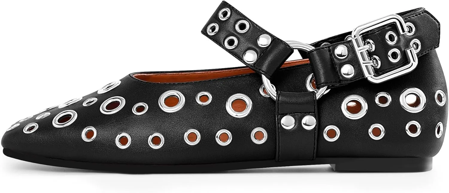 100FIXEO Women's Buckle Ballet Flats Punk Square Toe Studded Grommet Mary Jane Shoes