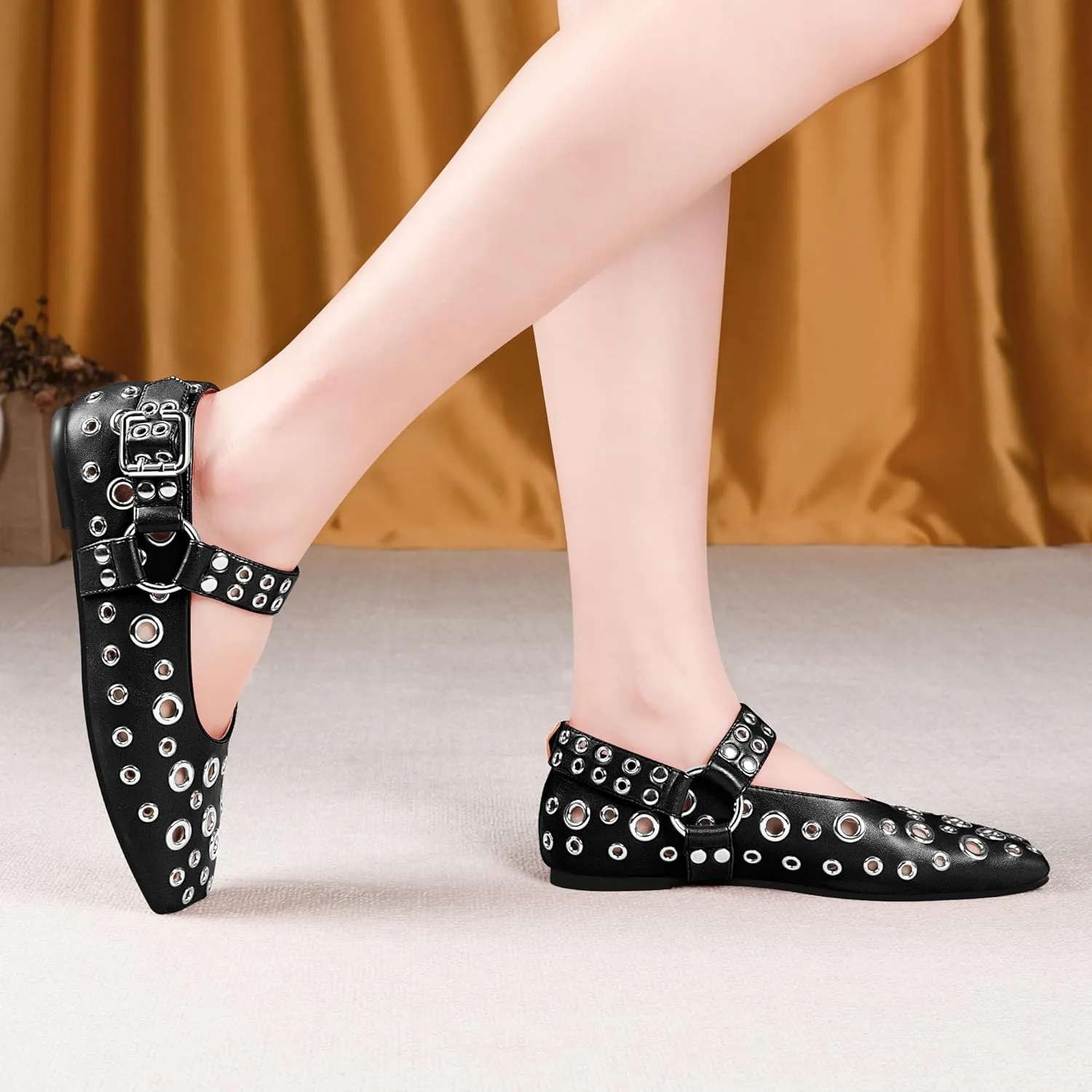 100FIXEO Women's Buckle Ballet Flats Punk Square Toe Studded Grommet Mary Jane Shoes