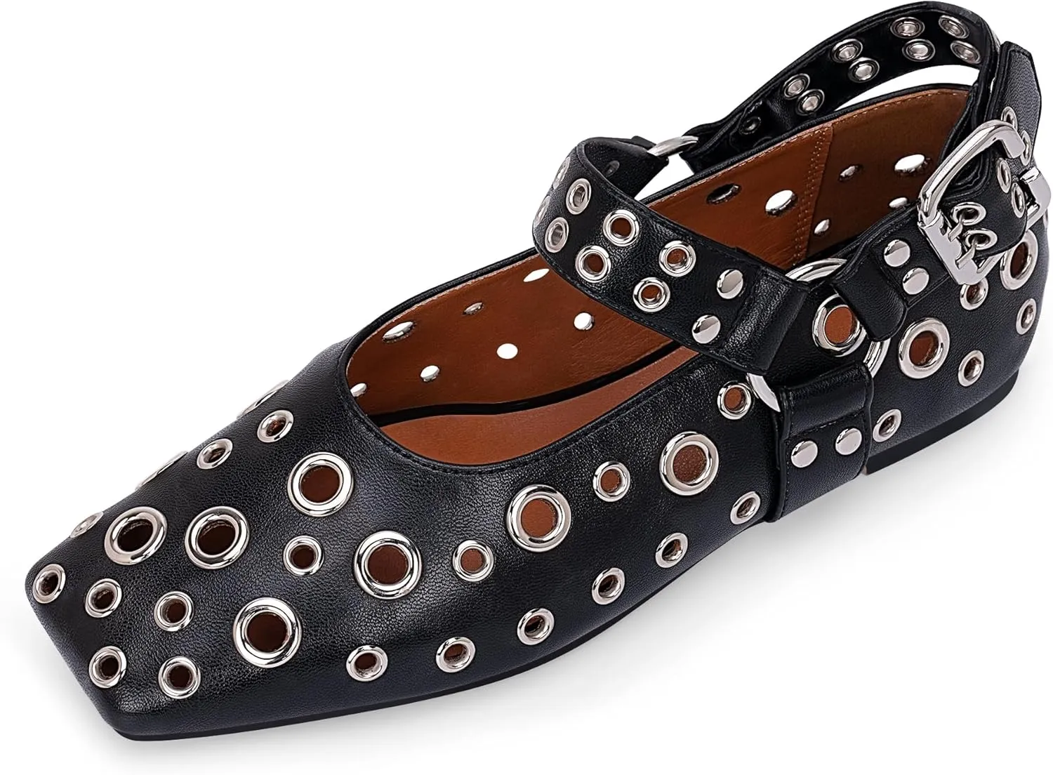 100FIXEO Women's Buckle Ballet Flats Punk Square Toe Studded Grommet Mary Jane Shoes