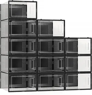 12 Pack X Large Shoe Storage Organizer for Closet, Modular Space Saving Shoe Boxes Clear Plastic Stackable Containers Display Case Bins with Lids, Black