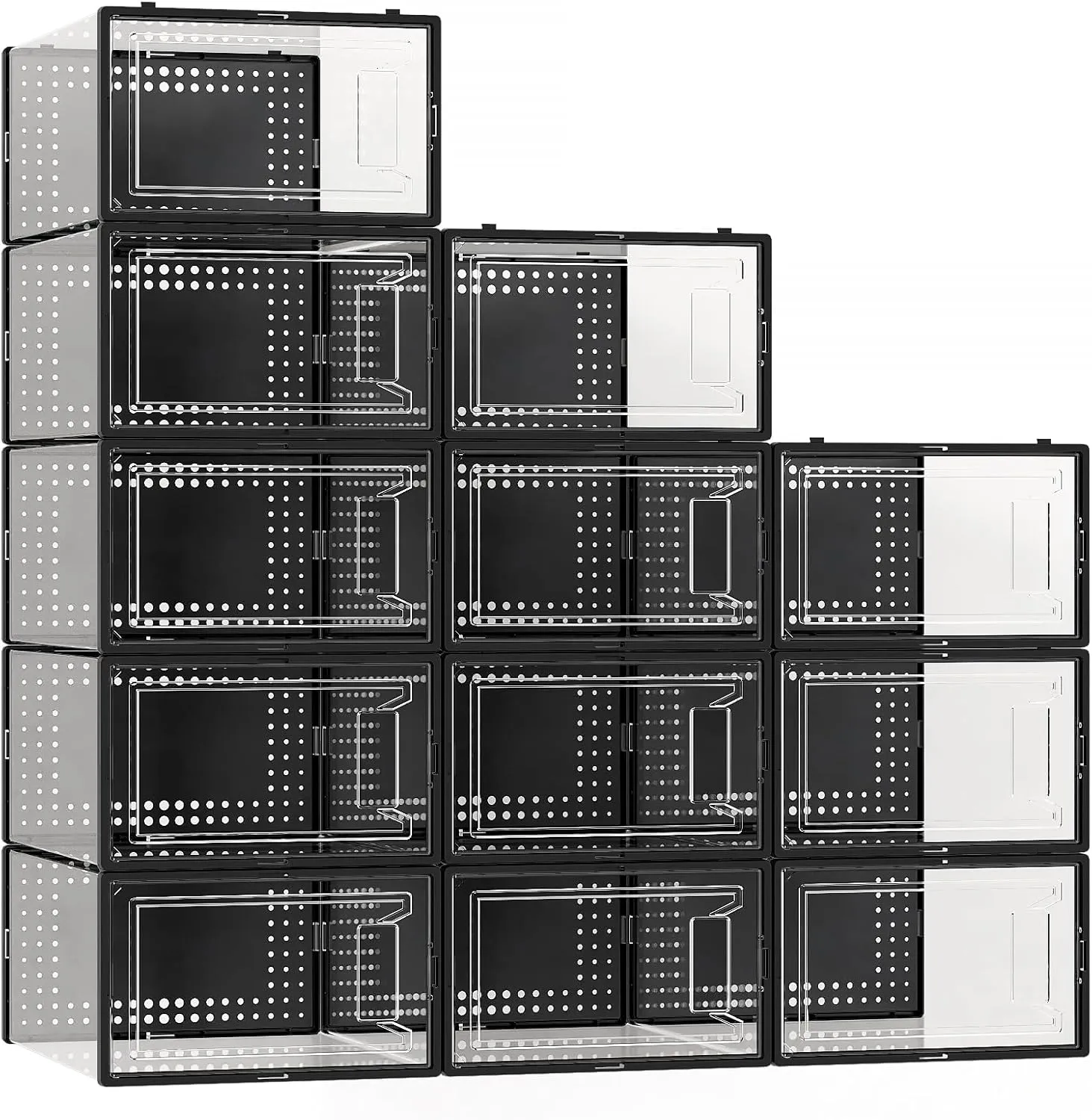 12 Pack X Large Shoe Storage Organizer for Closet, Modular Space Saving Shoe Boxes Clear Plastic Stackable Containers Display Case Bins with Lids, Black