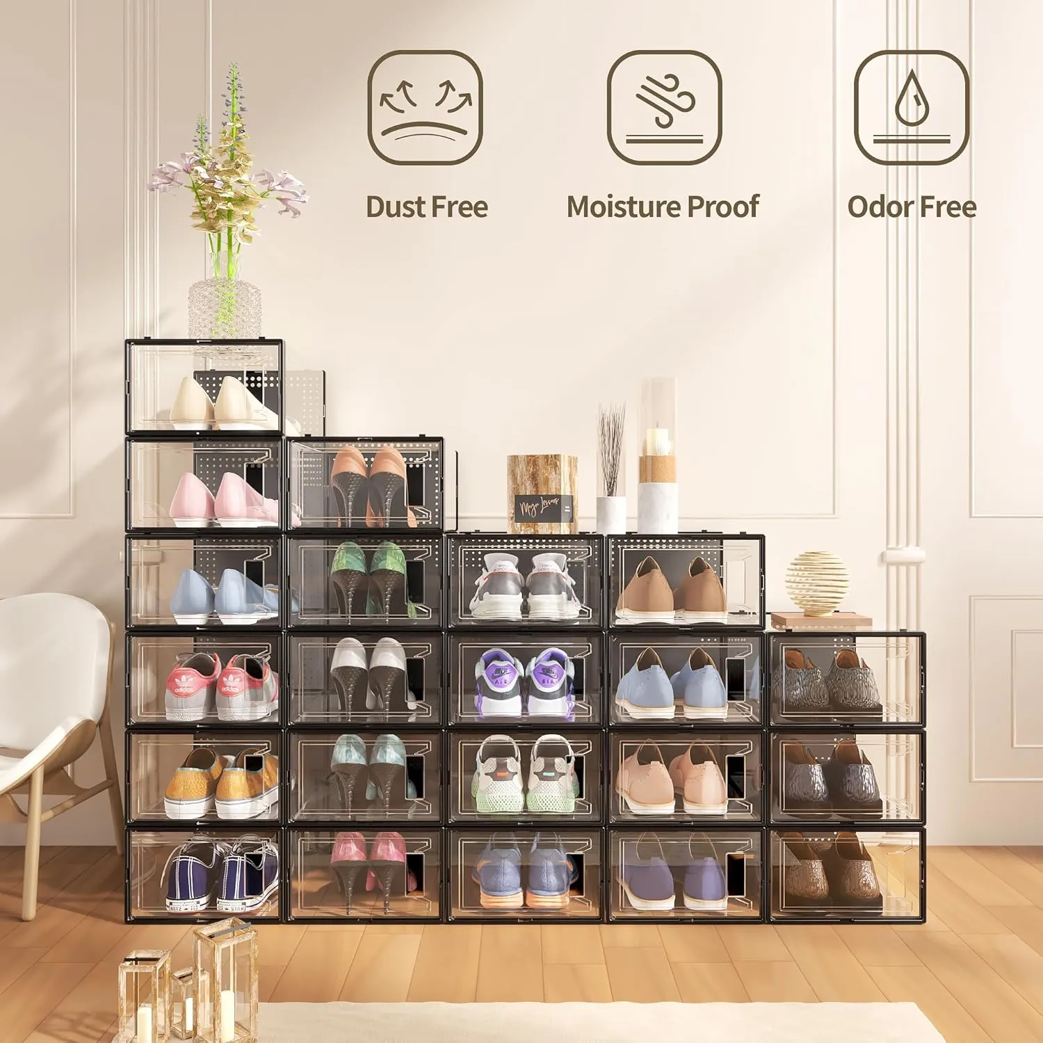 12 Pack X Large Shoe Storage Organizer for Closet, Modular Space Saving Shoe Boxes Clear Plastic Stackable Containers Display Case Bins with Lids, Black