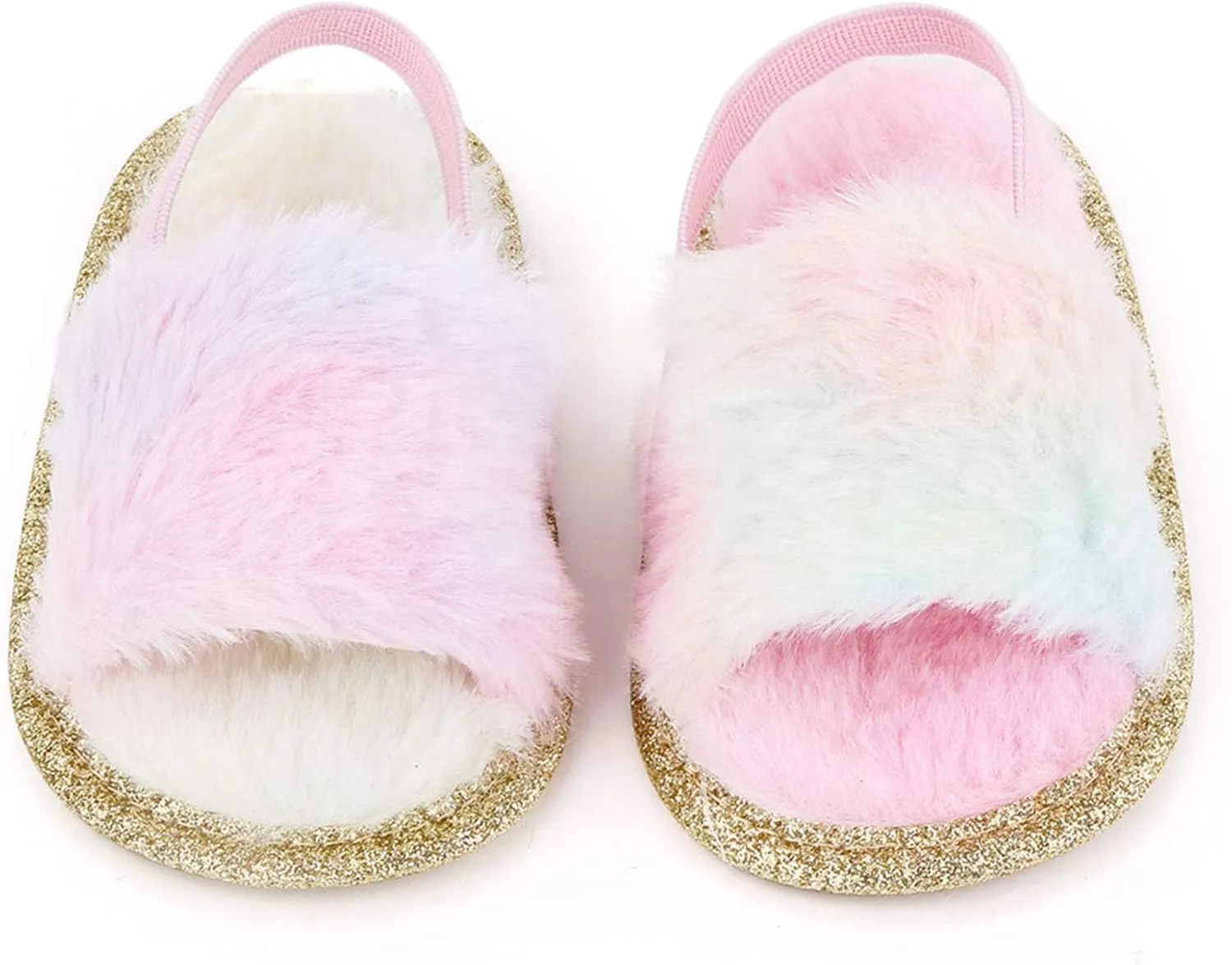 2 Pack Infant Baby Girls Sandals Elastic Back Strap Flats Slippers Soft Toddles Princess Shoes Faux Fur Slides Shoes First Walker House Shoes