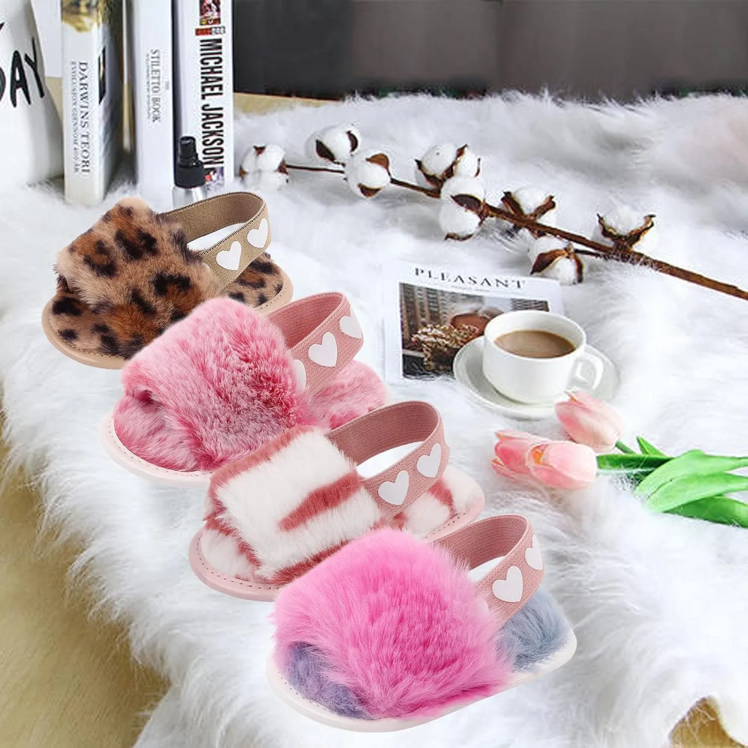 2 Pack Infant Baby Girls Sandals Elastic Back Strap Flats Slippers Soft Toddles Princess Shoes Faux Fur Slides Shoes First Walker House Shoes