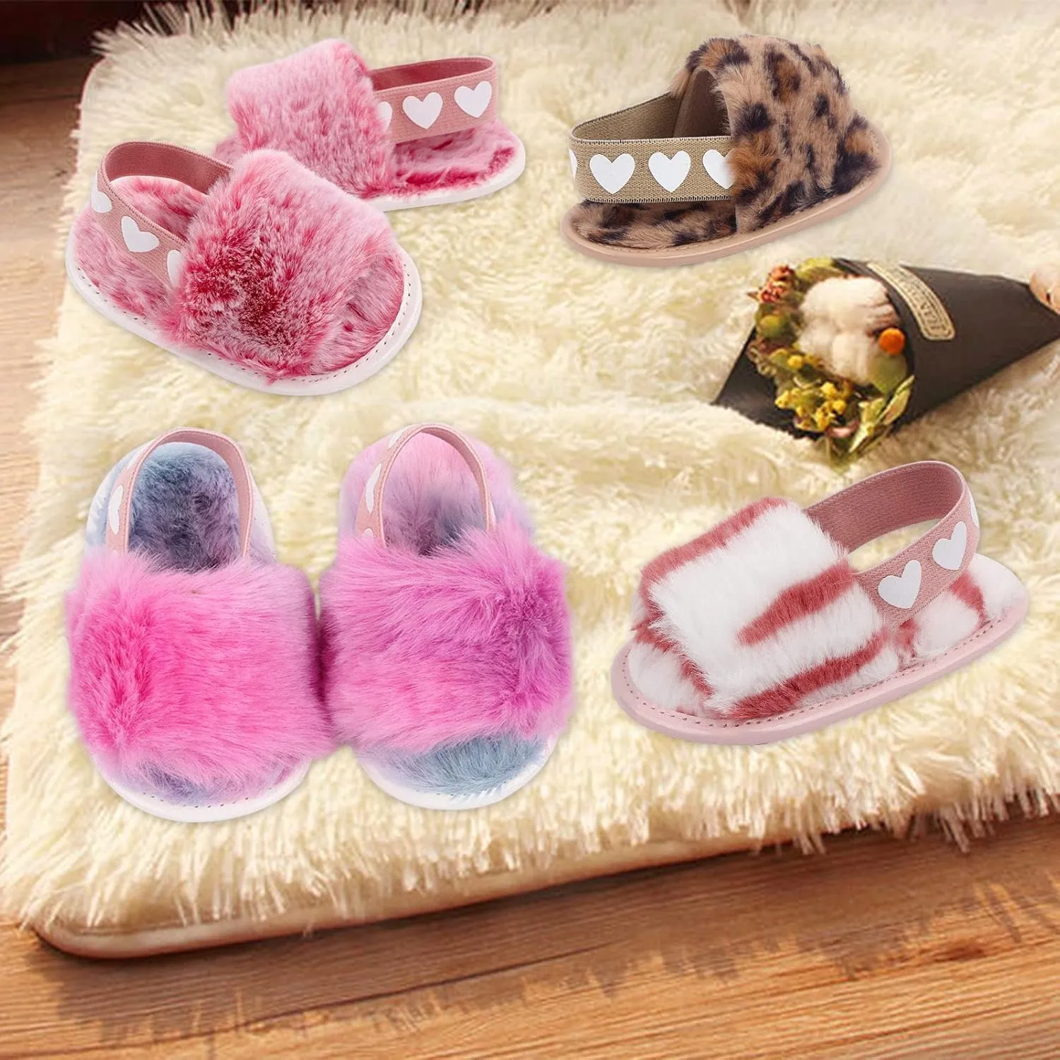 2 Pack Infant Baby Girls Sandals Elastic Back Strap Flats Slippers Soft Toddles Princess Shoes Faux Fur Slides Shoes First Walker House Shoes
