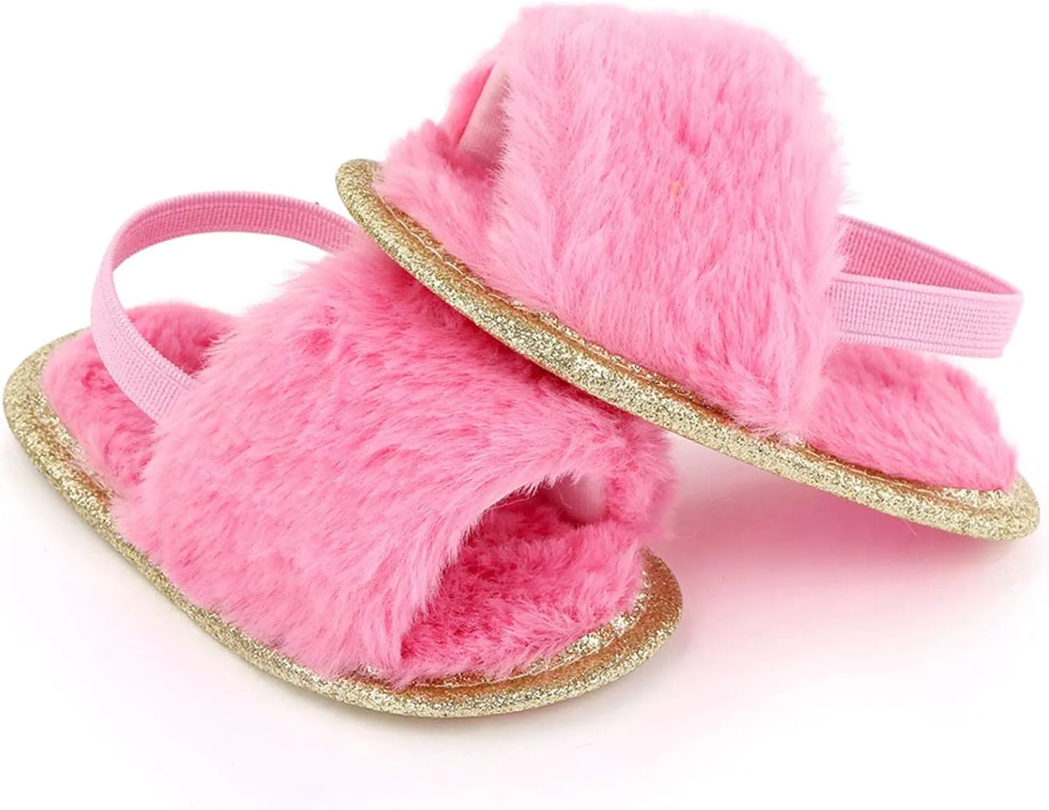 2 Pack Infant Baby Girls Sandals Elastic Back Strap Flats Slippers Soft Toddles Princess Shoes Faux Fur Slides Shoes First Walker House Shoes