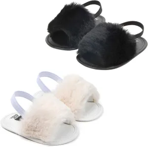 2 Pack Infant Baby Girls Sandals Elastic Back Strap Flats Slippers Soft Toddles Princess Shoes Faux Fur Slides Shoes First Walker House Shoes
