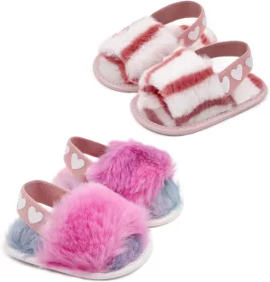 2 Pack Infant Baby Girls Sandals Elastic Back Strap Flats Slippers Soft Toddles Princess Shoes Faux Fur Slides Shoes First Walker House Shoes