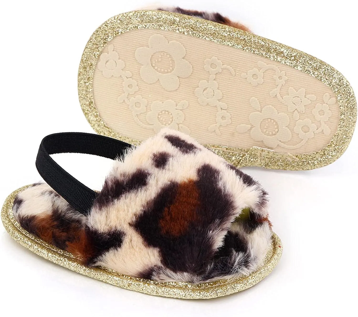 2 Pack Infant Baby Girls Sandals Elastic Back Strap Flats Slippers Soft Toddles Princess Shoes Faux Fur Slides Shoes First Walker House Shoes