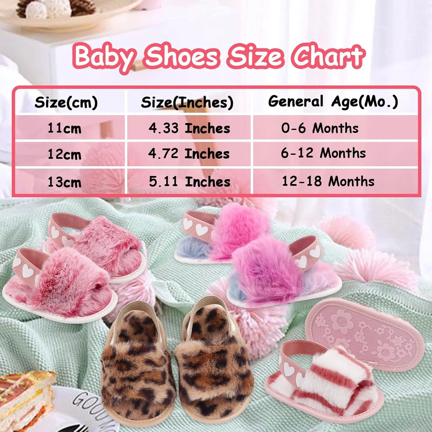 2 Pack Infant Baby Girls Sandals Elastic Back Strap Flats Slippers Soft Toddles Princess Shoes Faux Fur Slides Shoes First Walker House Shoes