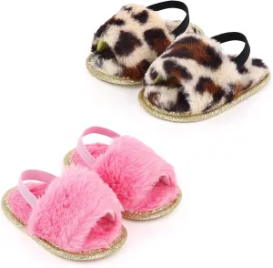 2 Pack Infant Baby Girls Sandals Elastic Back Strap Flats Slippers Soft Toddles Princess Shoes Faux Fur Slides Shoes First Walker House Shoes