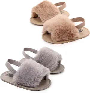 2 Pack Infant Baby Girls Sandals Elastic Back Strap Flats Slippers Soft Toddles Princess Shoes Faux Fur Slides Shoes First Walker House Shoes