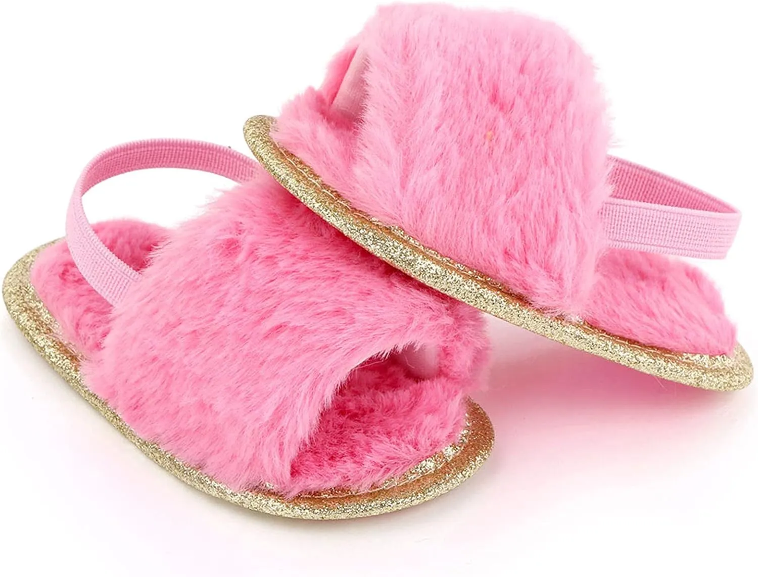 2 Pack Infant Baby Girls Sandals Elastic Back Strap Flats Slippers Soft Toddles Princess Shoes Faux Fur Slides Shoes First Walker House Shoes