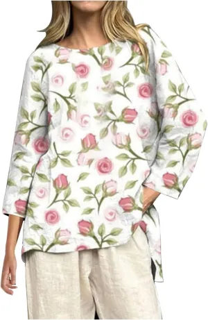 2025 Women's Summer Vintage Printed V-Neck 3/4 Sleeve Blouse | Loose Fit, Breathable & Trendy | 50  Prints for Casual Style