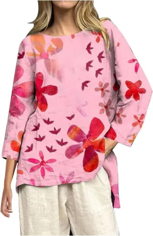 2025 Women's Summer Vintage Printed V-Neck 3/4 Sleeve Blouse | Loose Fit, Breathable & Trendy | 50  Prints for Casual Style