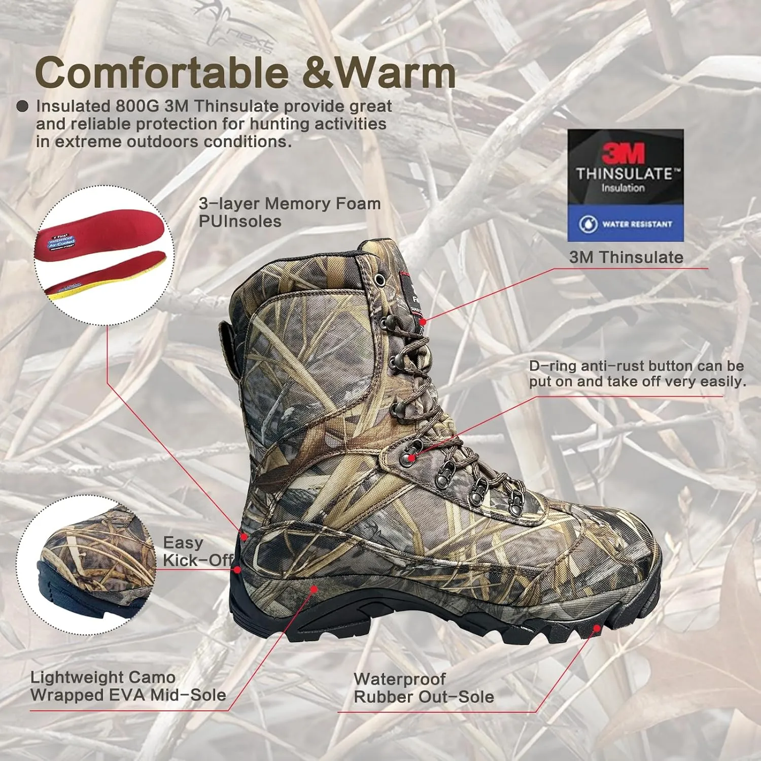 8 Fans Hunting Boots for Men,800g thinsulate Insulated Boots with Memory Foam Insole for Turkey Hunting Hiking