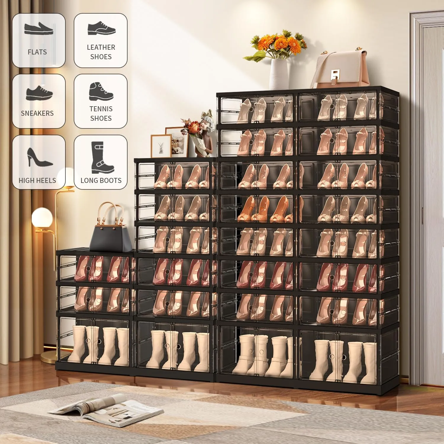 8 Tiers 16-32 Pairs Foldable Shoe Boxes Large Plastic Shoe Storage Rack Collapsible Shoe Organizer for Closet Clear Stackable Shoes Shelf Storage Cabinet with Doors Quick Assembly Black