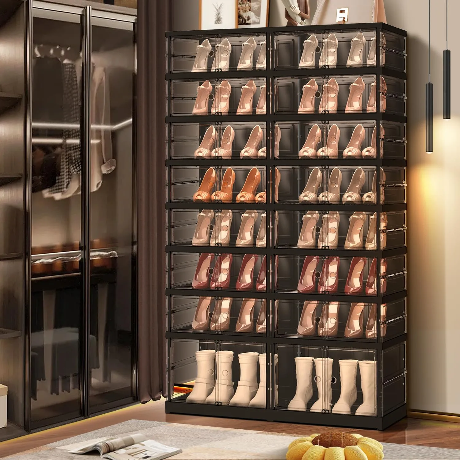 8 Tiers 16-32 Pairs Foldable Shoe Boxes Large Plastic Shoe Storage Rack Collapsible Shoe Organizer for Closet Clear Stackable Shoes Shelf Storage Cabinet with Doors Quick Assembly Black