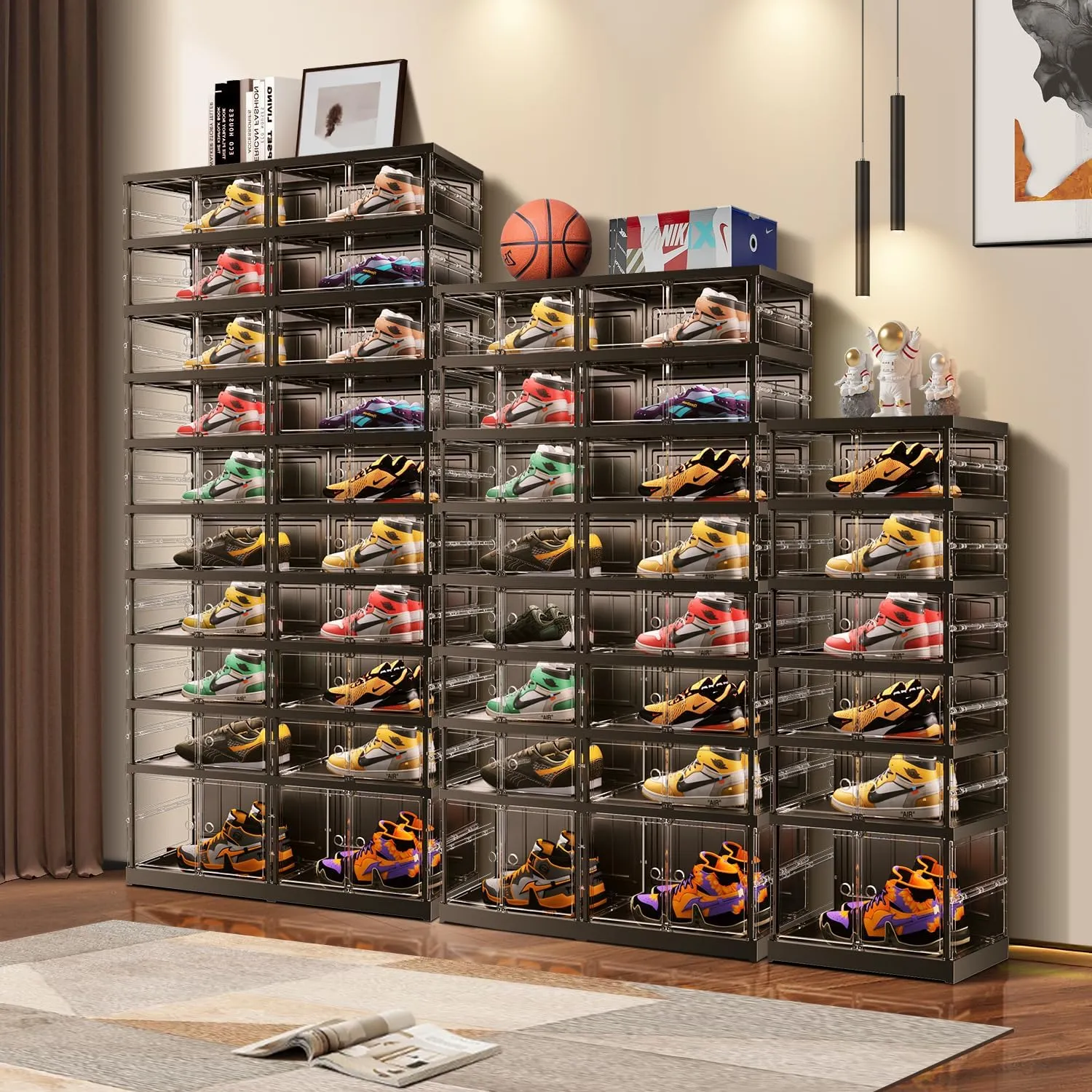 8 Tiers 16-32 Pairs Foldable Shoe Boxes Large Plastic Shoe Storage Rack Collapsible Shoe Organizer for Closet Clear Stackable Shoes Shelf Storage Cabinet with Doors Quick Assembly Black