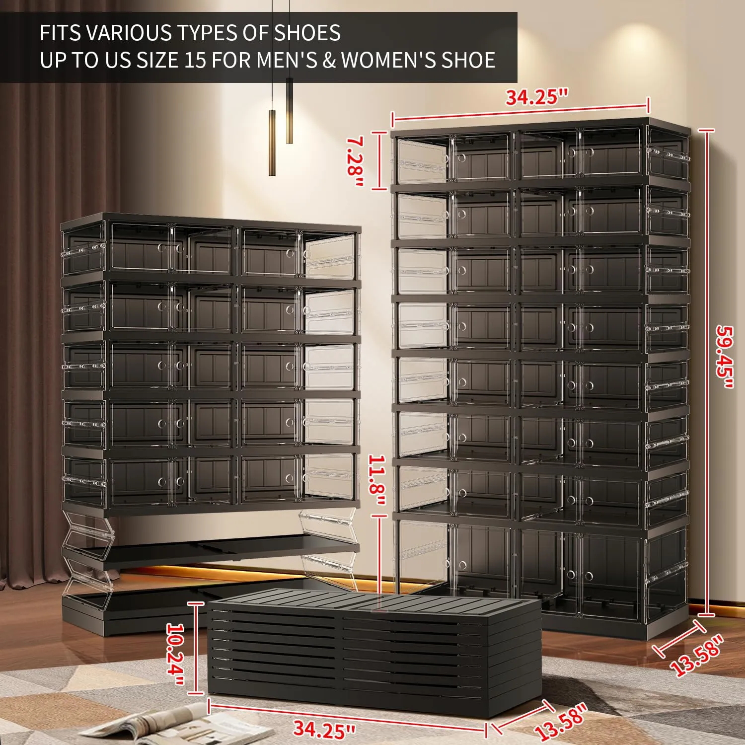 8 Tiers 16-32 Pairs Foldable Shoe Boxes Large Plastic Shoe Storage Rack Collapsible Shoe Organizer for Closet Clear Stackable Shoes Shelf Storage Cabinet with Doors Quick Assembly Black