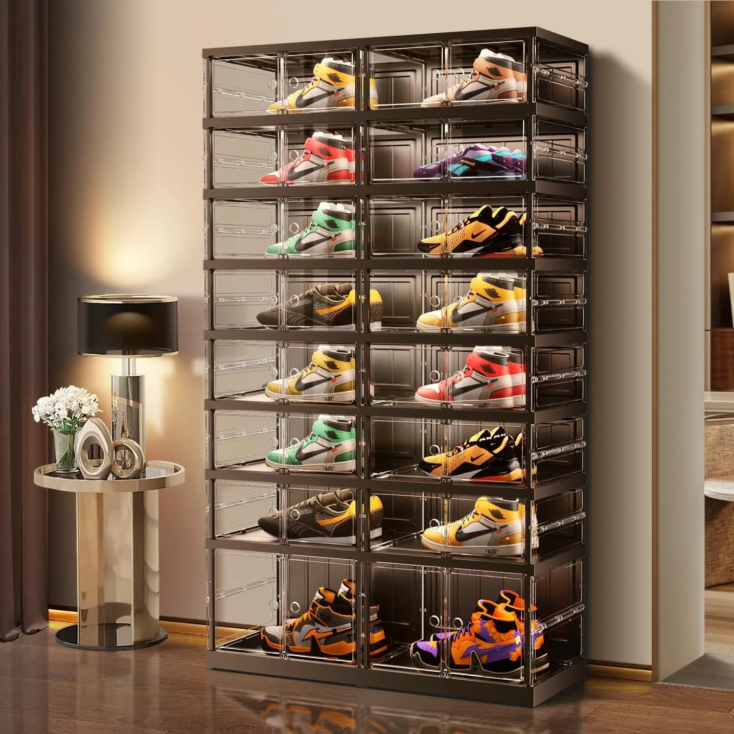8 Tiers 16-32 Pairs Foldable Shoe Boxes Large Plastic Shoe Storage Rack Collapsible Shoe Organizer for Closet Clear Stackable Shoes Shelf Storage Cabinet with Doors Quick Assembly Black