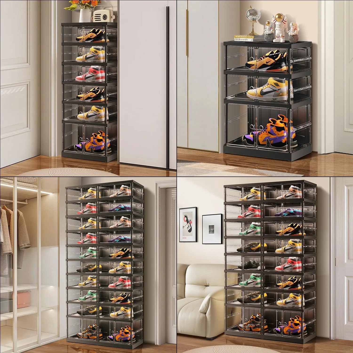 8 Tiers 16-32 Pairs Foldable Shoe Boxes Large Plastic Shoe Storage Rack Collapsible Shoe Organizer for Closet Clear Stackable Shoes Shelf Storage Cabinet with Doors Quick Assembly Black