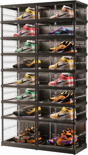 8 Tiers 16-32 Pairs Foldable Shoe Boxes Large Plastic Shoe Storage Rack Collapsible Shoe Organizer for Closet Clear Stackable Shoes Shelf Storage Cabinet with Doors Quick Assembly Black