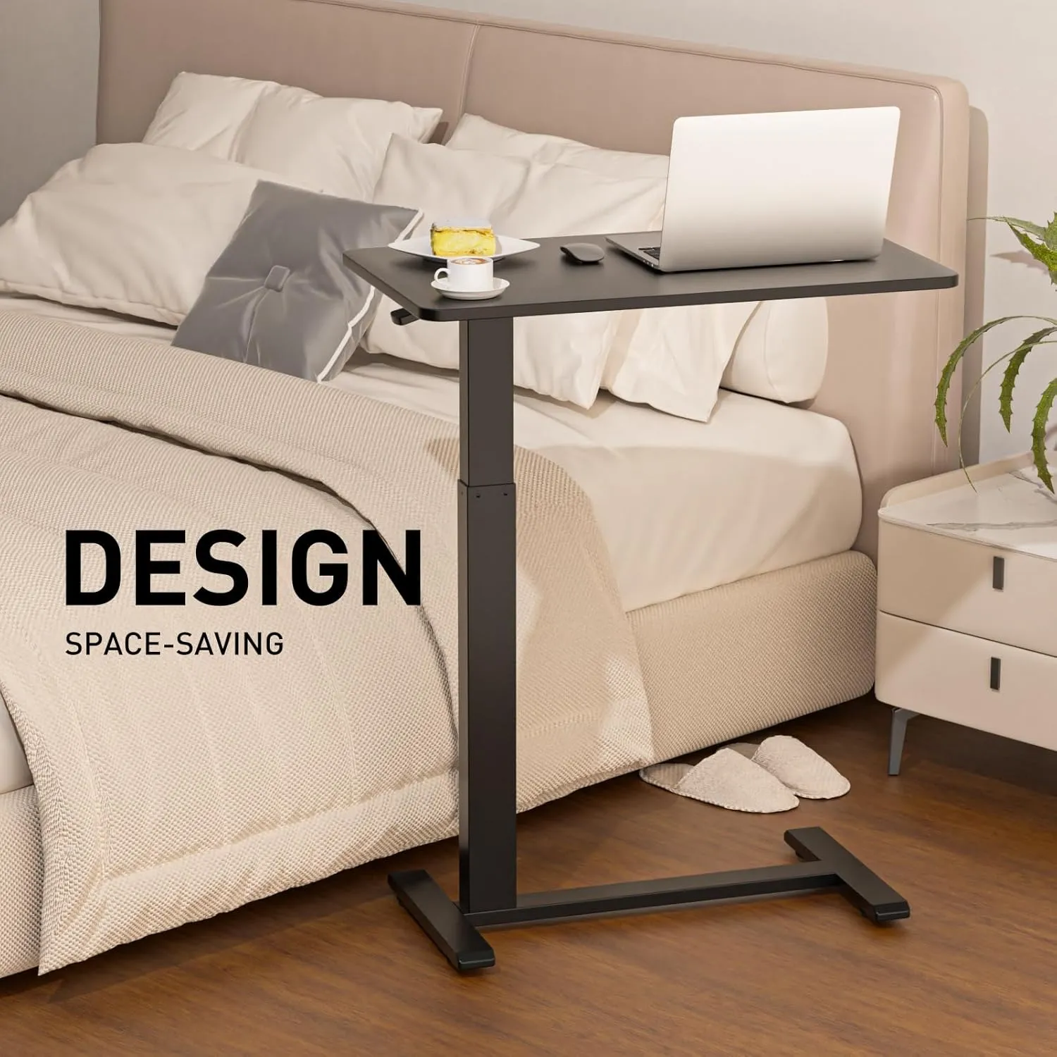 Adjustable Height Side Table, Hospital Table Over Bed for Home Use Swivel, Overbed Bedside Table with Wheels, Pneumatic Moveable Bed Desk, Hospital Table with Wheels, Moveable Rolling Computer Table