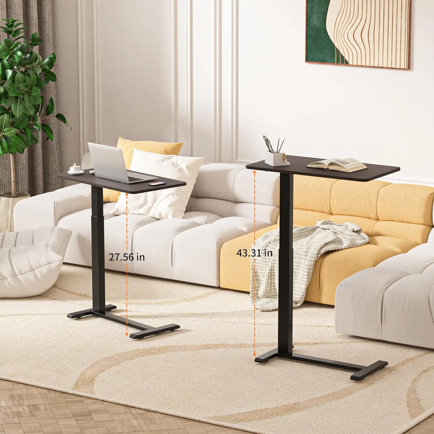 Adjustable Height Side Table, Hospital Table Over Bed for Home Use Swivel, Overbed Bedside Table with Wheels, Pneumatic Moveable Bed Desk, Hospital Table with Wheels, Moveable Rolling Computer Table