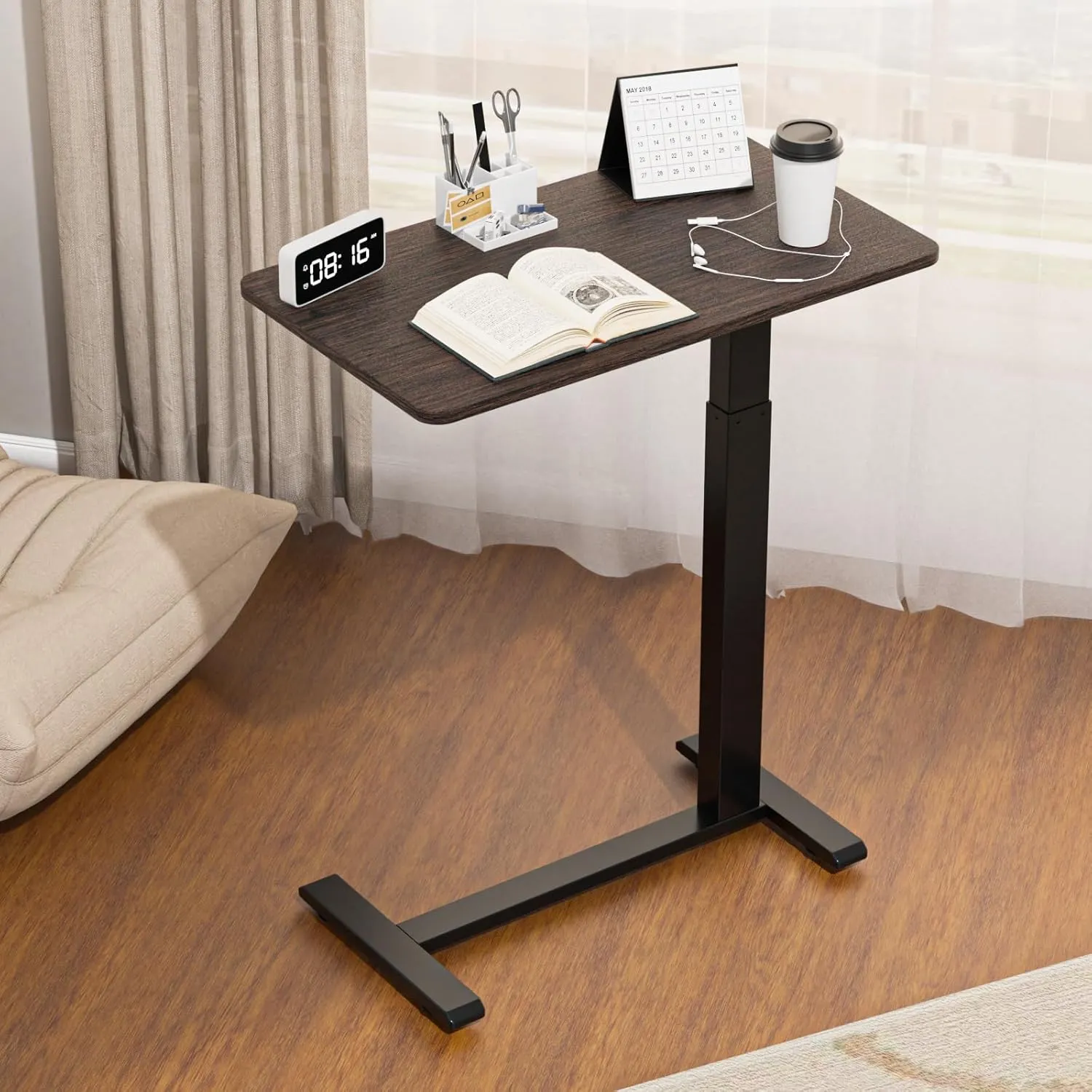 Adjustable Height Side Table, Hospital Table Over Bed for Home Use Swivel, Overbed Bedside Table with Wheels, Pneumatic Moveable Bed Desk, Hospital Table with Wheels, Moveable Rolling Computer Table