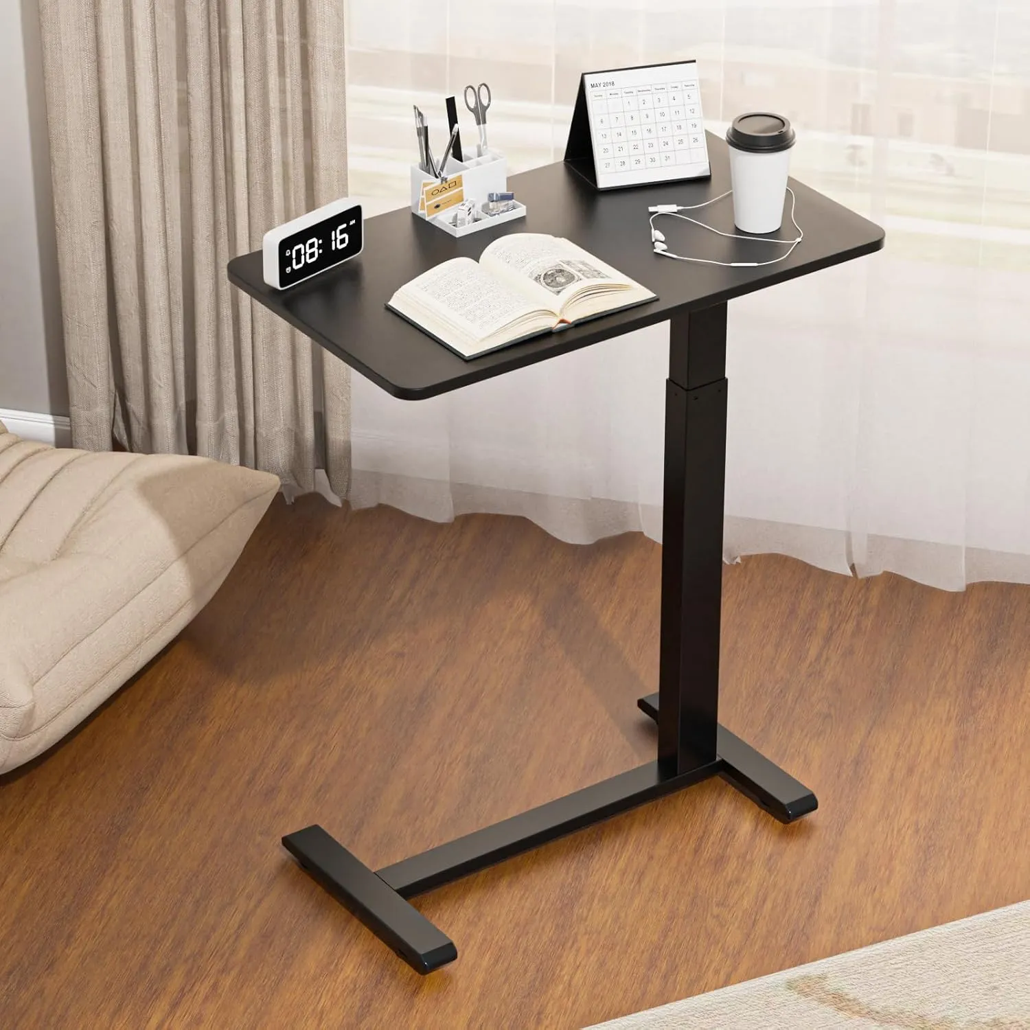 Adjustable Height Side Table, Hospital Table Over Bed for Home Use Swivel, Overbed Bedside Table with Wheels, Pneumatic Moveable Bed Desk, Hospital Table with Wheels, Moveable Rolling Computer Table