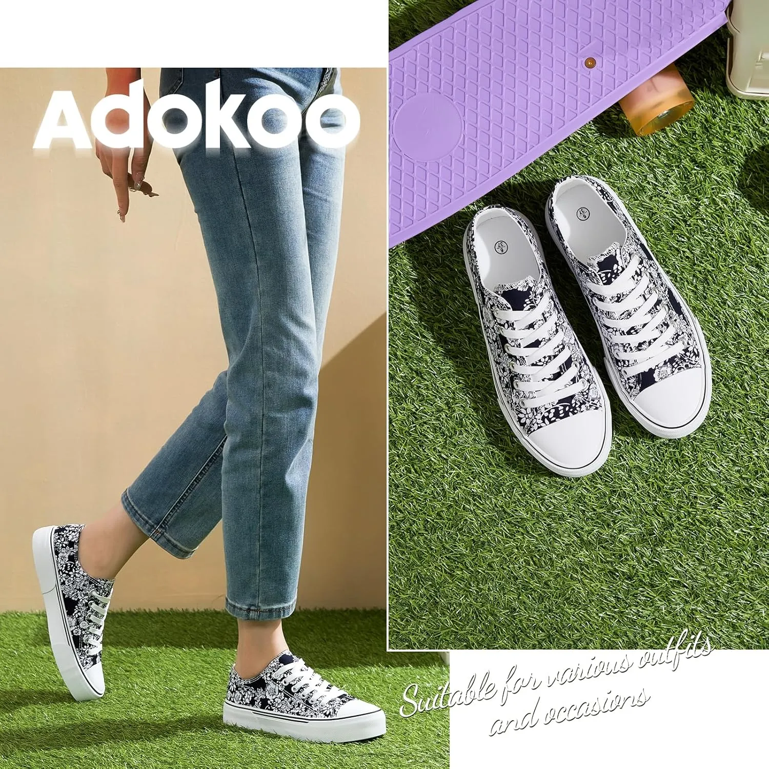 Adokoo Canvas Tennis Shoes for Women Low Top Casual White Black Sneakers for Women Lace Up Fashion Comfortable Walking Shoes