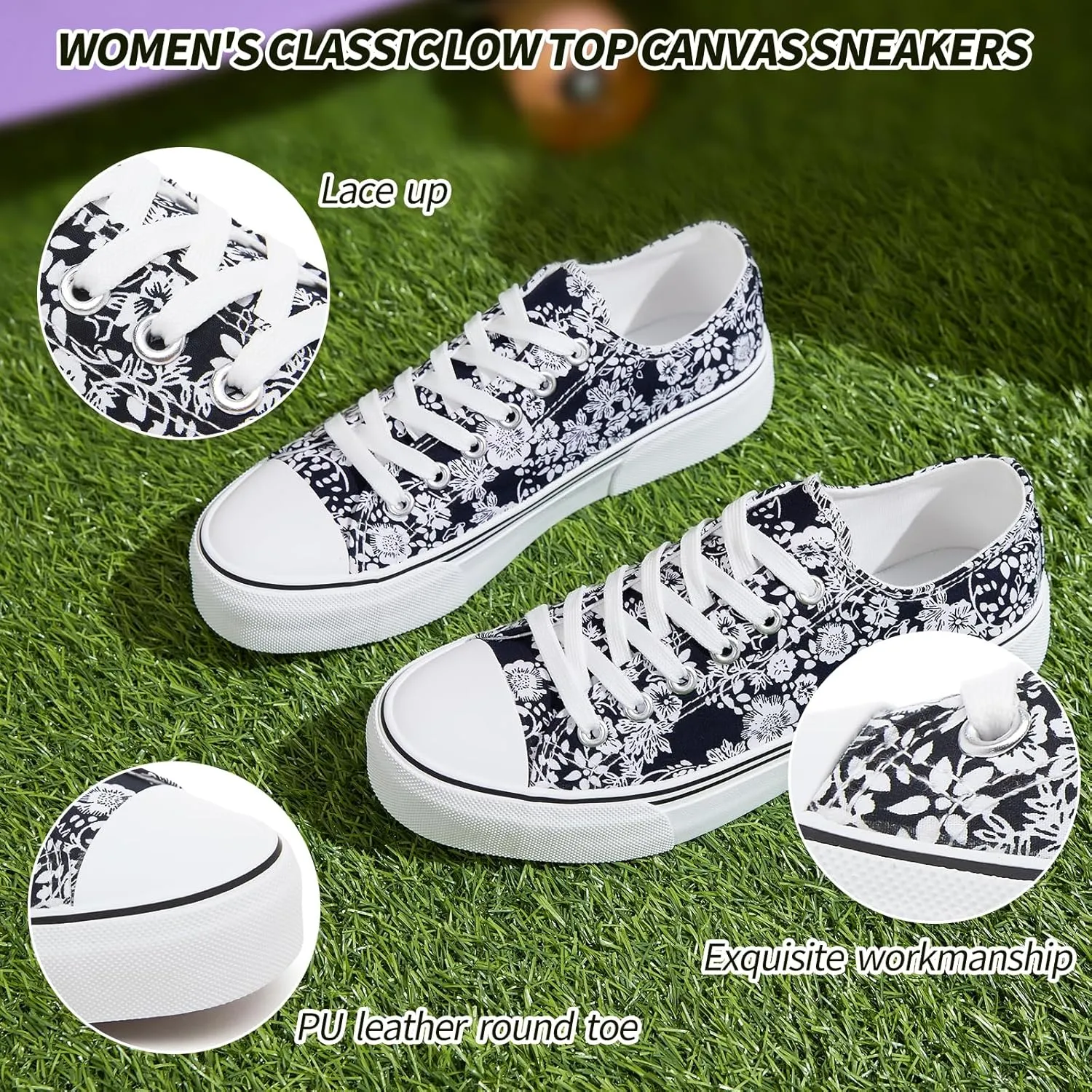 Adokoo Canvas Tennis Shoes for Women Low Top Casual White Black Sneakers for Women Lace Up Fashion Comfortable Walking Shoes
