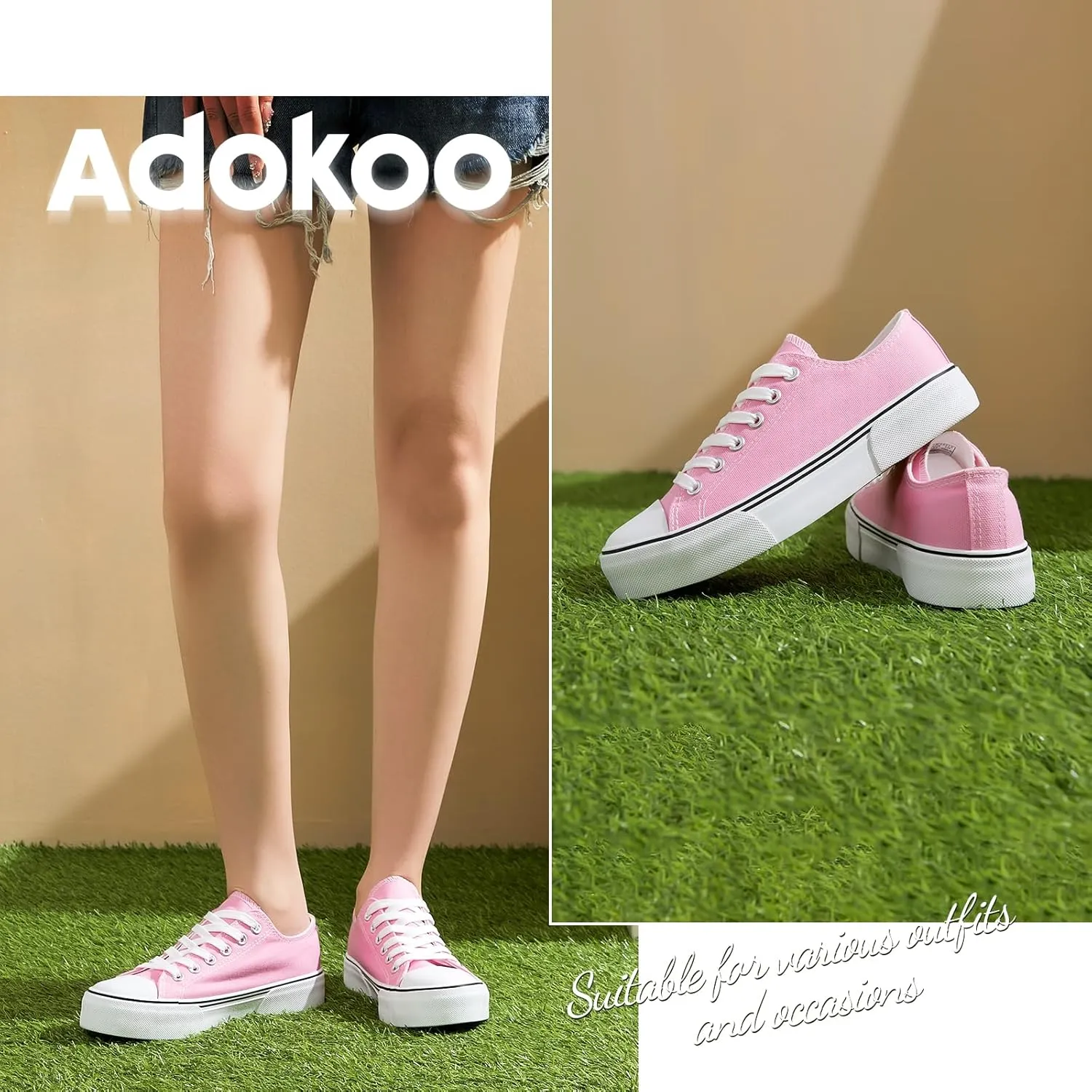 Adokoo Canvas Tennis Shoes for Women Low Top Casual White Black Sneakers for Women Lace Up Fashion Comfortable Walking Shoes