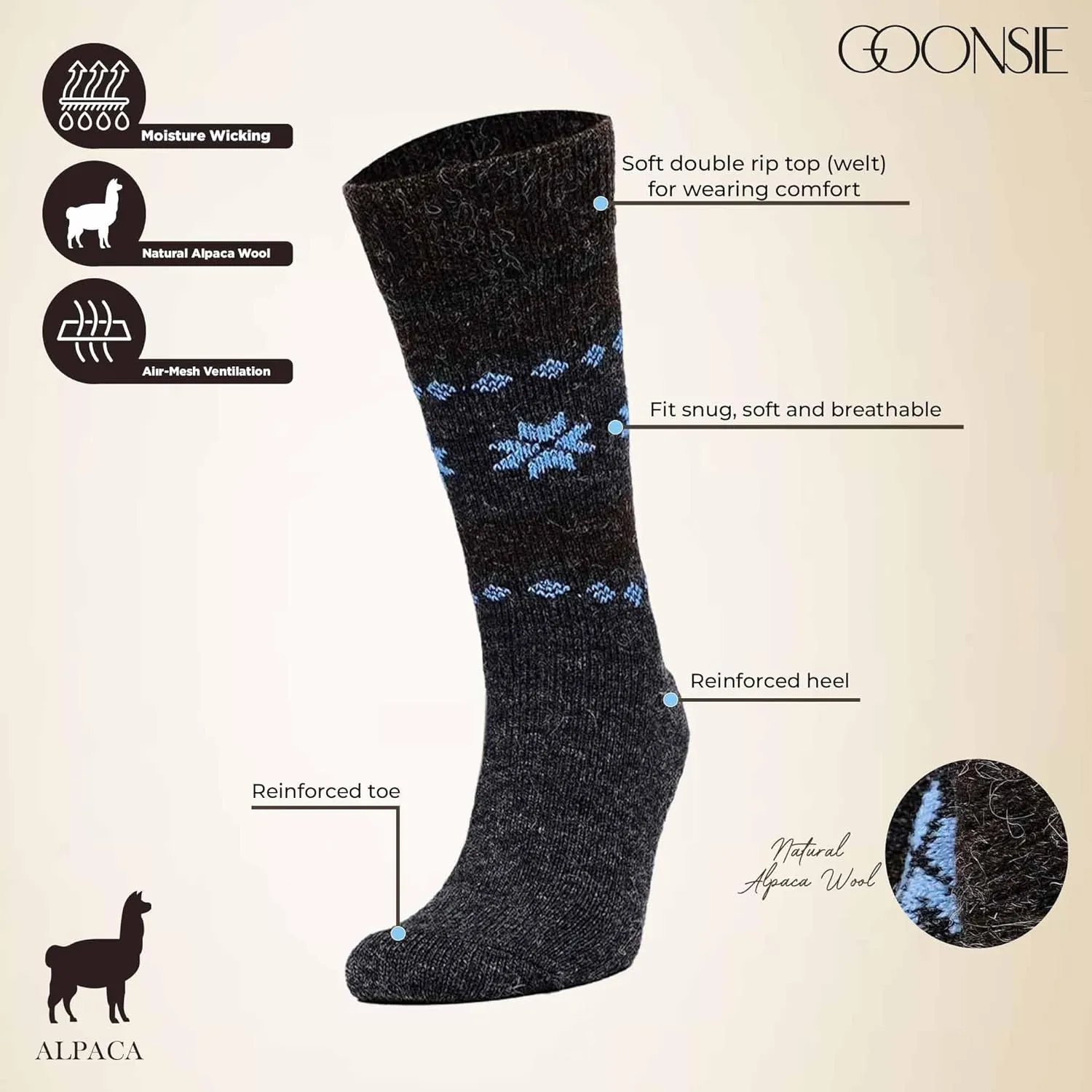 Alpaca Wool Socks, Winter Comfort and Warm for Men & Women Alpaca-Merino blend Boot Socks Thermal Cushioned - 2 Pairs