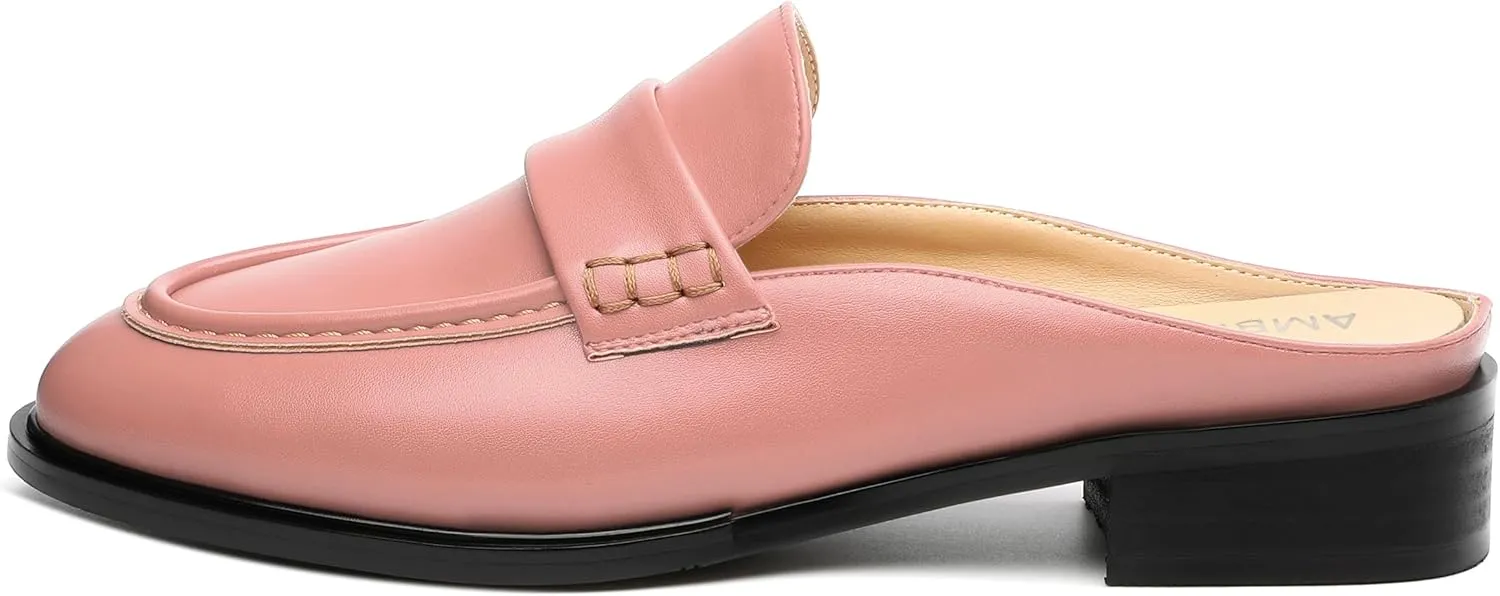 AMBELIGHT Comfortable Mules Flats for Women Loafers Chunky Heel Round Closed Toe Slip on Slingback Casual Classic Dressy Shoes