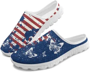 American Flag Print Mule Tennis Shoes for Women Classic Flats Shoes White EVA Sole Casual Sneaker Garden Clogs