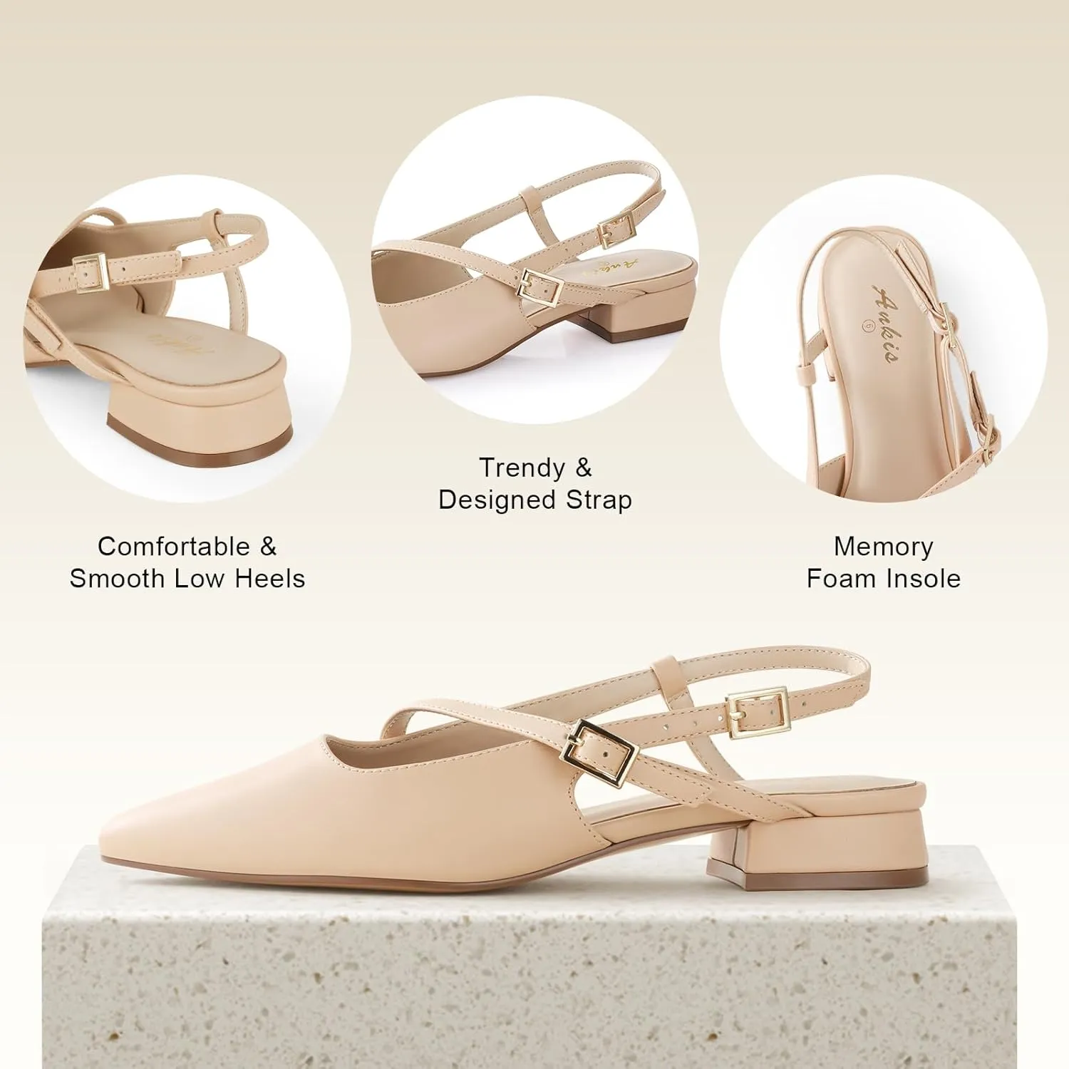 Ankis Slingback Flats for Women 1Inch Low Heels Closed Pointed Toe Ankle Strap Pumps Comfortable Walking Wedding Party Dress Shoes