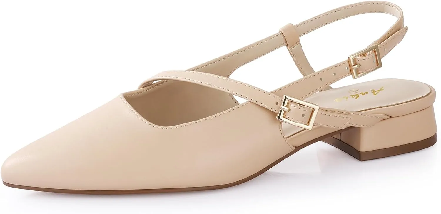 Ankis Slingback Flats for Women 1Inch Low Heels Closed Pointed Toe Ankle Strap Pumps Comfortable Walking Wedding Party Dress Shoes