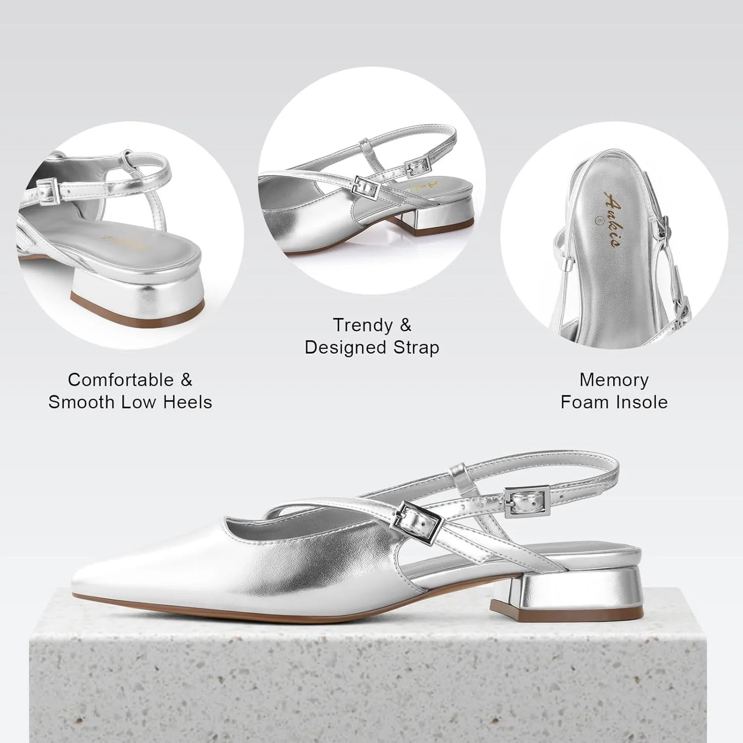 Ankis Slingback Flats for Women 1Inch Low Heels Closed Pointed Toe Ankle Strap Pumps Comfortable Walking Wedding Party Dress Shoes