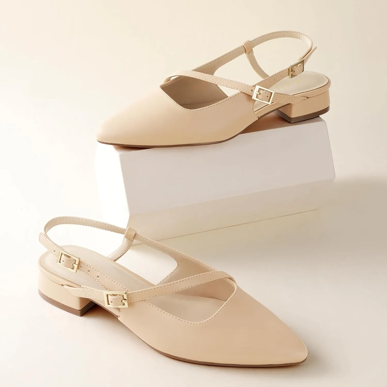Ankis Slingback Flats for Women 1Inch Low Heels Closed Pointed Toe Ankle Strap Pumps Comfortable Walking Wedding Party Dress Shoes