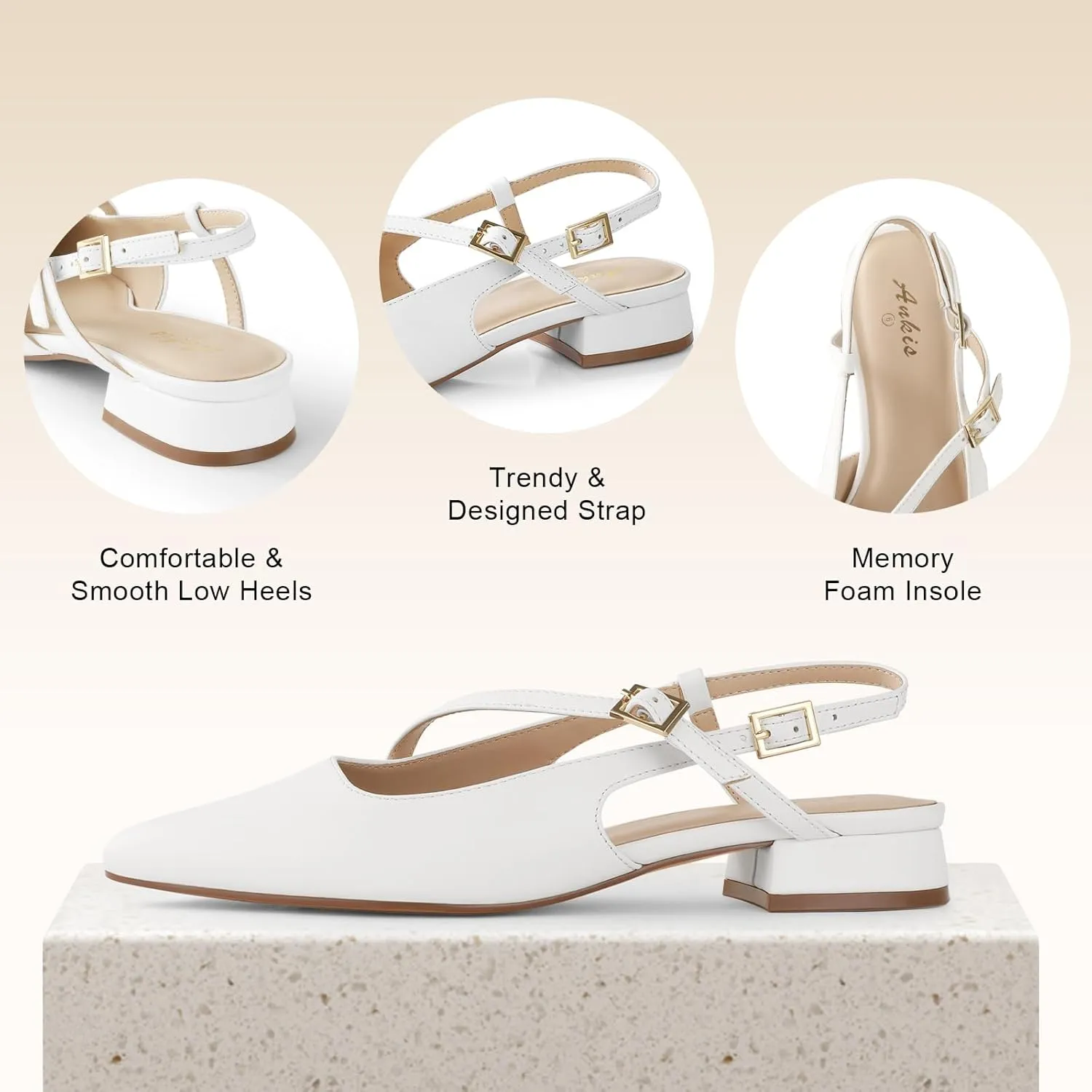 Ankis Slingback Flats for Women 1Inch Low Heels Closed Pointed Toe Ankle Strap Pumps Comfortable Walking Wedding Party Dress Shoes