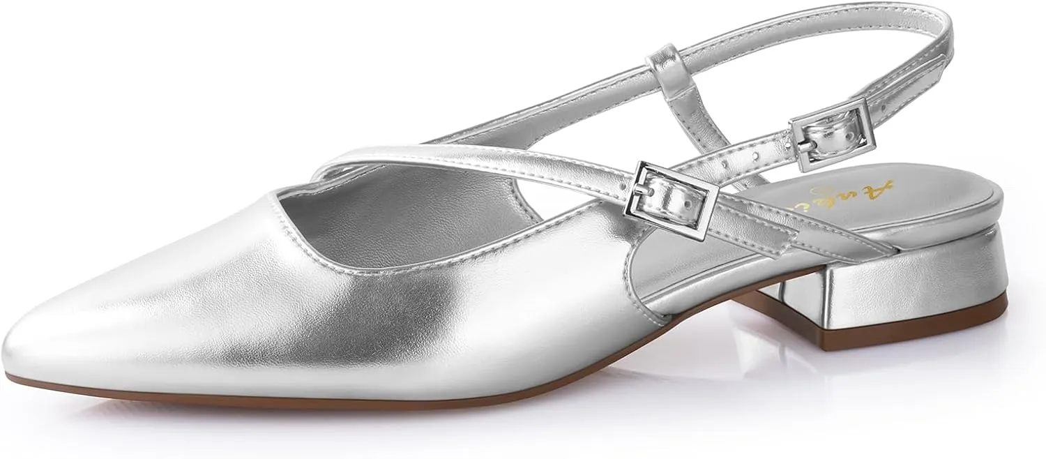 Ankis Slingback Flats for Women 1Inch Low Heels Closed Pointed Toe Ankle Strap Pumps Comfortable Walking Wedding Party Dress Shoes