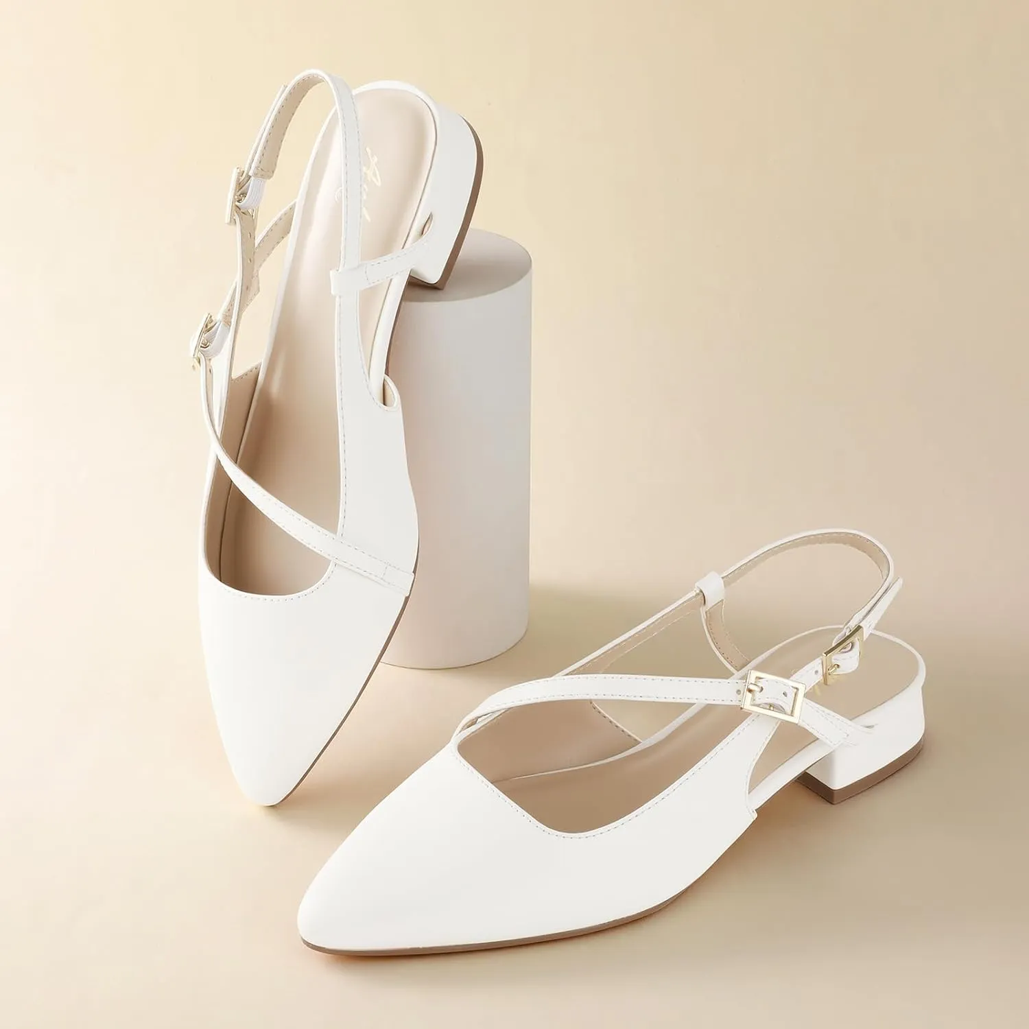 Ankis Slingback Flats for Women 1Inch Low Heels Closed Pointed Toe Ankle Strap Pumps Comfortable Walking Wedding Party Dress Shoes
