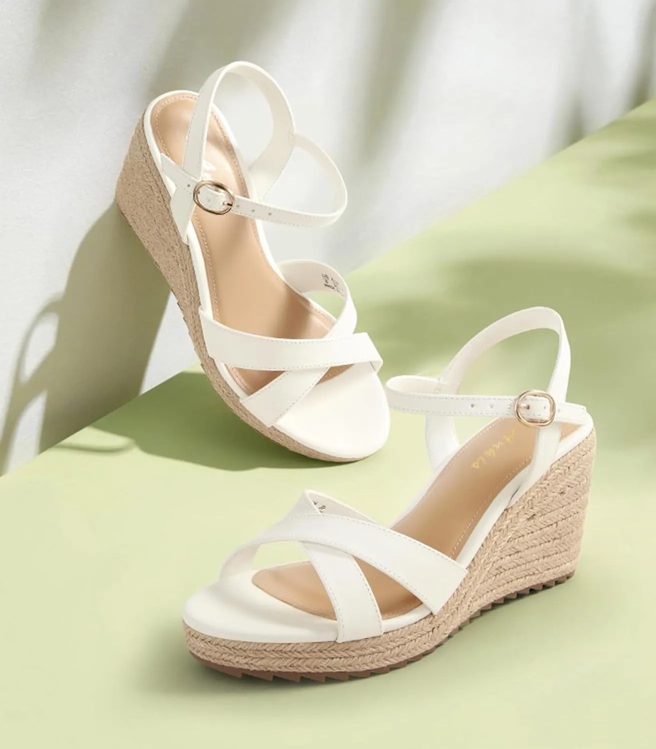 Ankis Wedge Sandals for Women, Espadrille Womens Wedge Sandals Comfortable Open Toe Cross Band Ankle Strap High Heel Wedges for Women Dressy Summer -3.4Inch