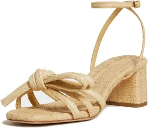 Arqa Bow-embellished Natural Raffia Heeled Sandals for Women Open Squared Toe Block Mid Heel Ankle Strap Sandal Summer Wedding Party Dressy Shoes