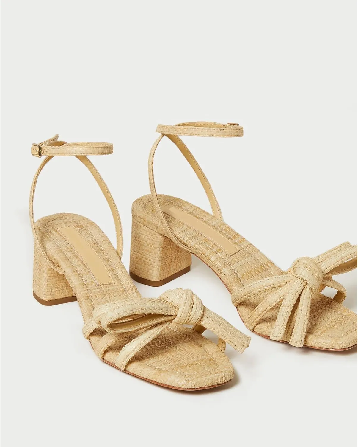 Arqa Bow-embellished Natural Raffia Heeled Sandals for Women Open Squared Toe Block Mid Heel Ankle Strap Sandal Summer Wedding Party Dressy Shoes